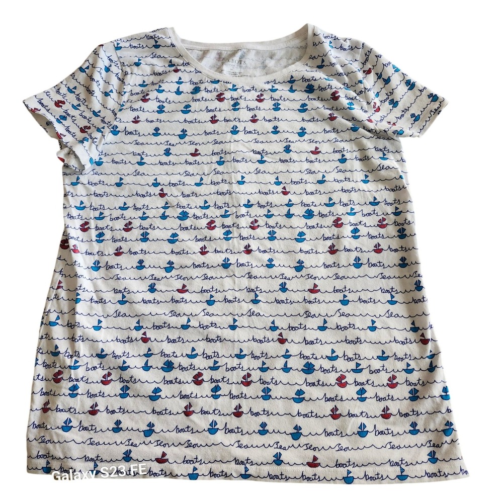 Talbotsโ Sailboat Print T-Shirt Womens Medium White Blue Red Short Sleeve Cotton